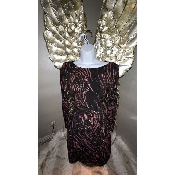 Cache Purple Black Swirl Beaded Long Sleeve Evening Cocktail Dress Sz S - Picture 5 of 15